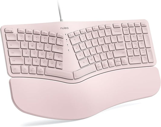 Nulea RT05C Wired Ergonomic Keyboard, Split Keyboard with Cushioned Wrist Rest, Adjustable Tilt Legs, Plug and Play, USB Corded, Compatible with Windows/Mac (Pink)
