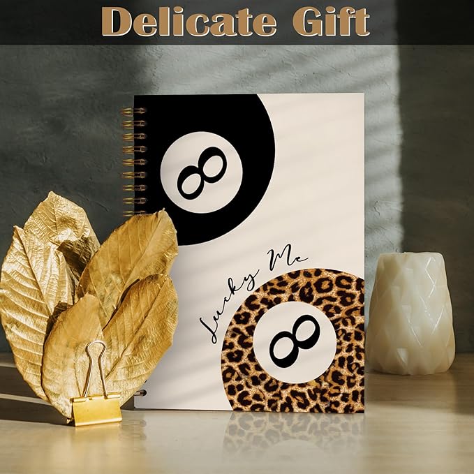 Trendy Leopard and Black Lucky 8 Ball Notebook, Funky Leopard Print Journaling Notebook, Vintage Modern Billiards Journal, Aesthetic Cheetah Print Balls Spiral Notebooks 5.5x8.3 Inch