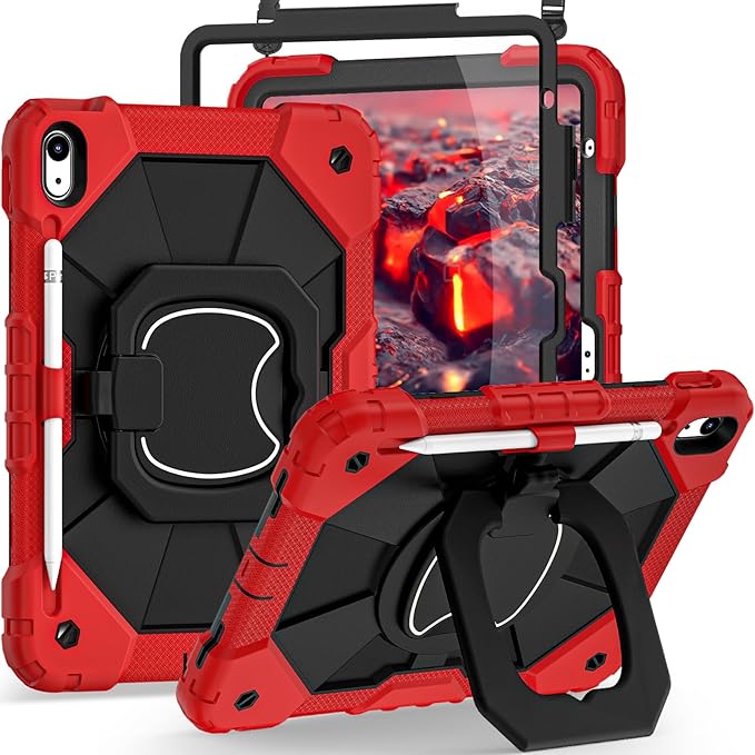 Case for iPad (A16) 11th Generation 11 Inch (2025) /iPad 10th Generation 10.9 Inch (2022) with Screen Protector,Military Grade Shockproof 10th Gen i Pad Case with Rotatable Stand,Red Black