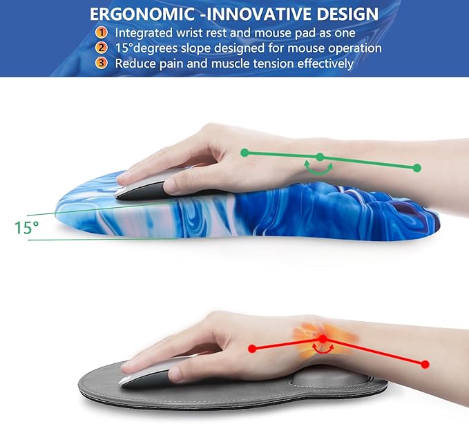 Mouse Pad Wrist Support, Ergonomic Mouse Pad with Wrist Rest, Comfortable Computer Mouse Pad for Laptop, Pain Relief Mousepad with Non-Slip PU Base Ocean Blue