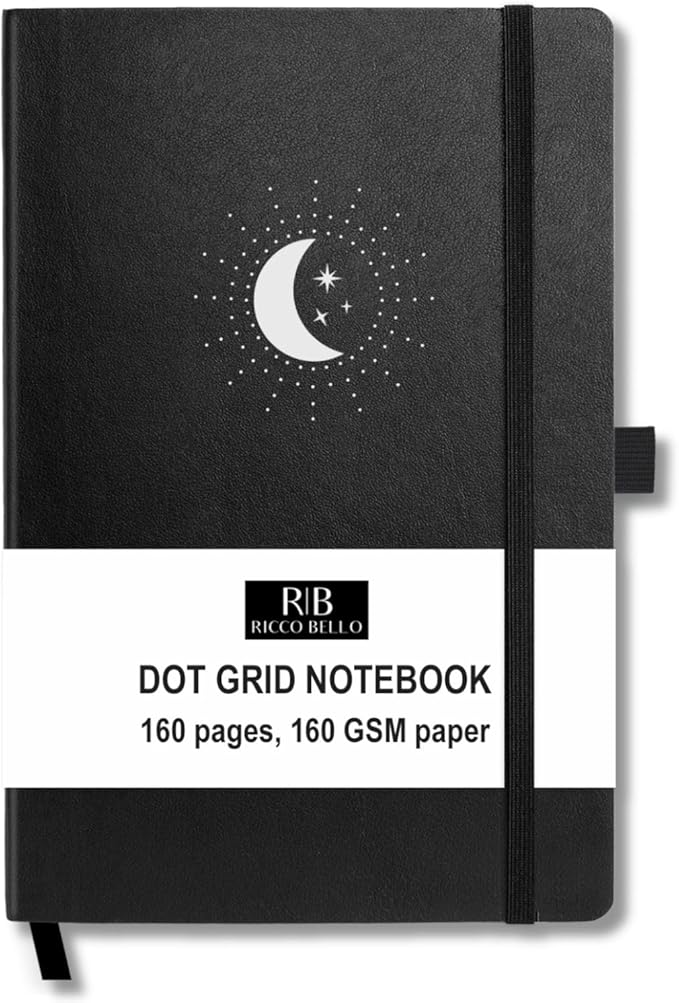 RICCO BELLO Hardcover Dot Grid Journal Notebook, Lay Flat Design, Pen Holder, 5.7 x 8.4 inches, Thick 160 gsm Paper, 80 sheets/160 pages (Black Moon Stars)