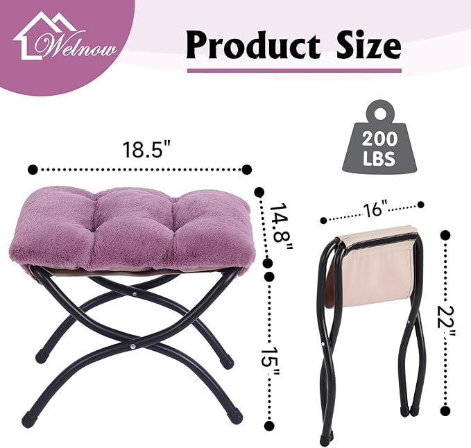 Welnow Folding Foot Stool, Upholstered Small Accent Ottoman with Detachable Thick Cotton Cushion Padded Sofa Stool and Metal Frame for Lazy Chair, Living Room, Bedroom, Plush Purple