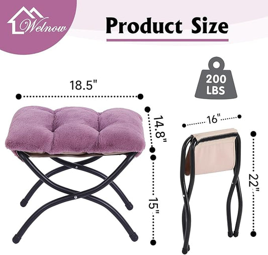 Welnow Folding Foot Stool, Upholstered Small Accent Ottoman with Detachable Thick Cotton Cushion Padded Sofa Stool and Metal Frame for Lazy Chair, Living Room, Bedroom, Plush Purple
