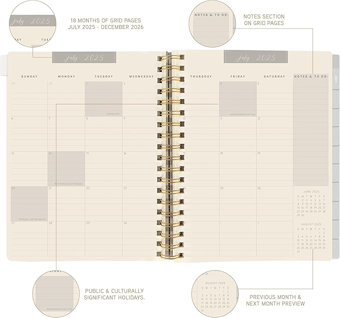 18 Month Planner/Calendar by Graphique, July 2025 – Dec. 2026 Checkerd Peanuts Hardbound Spiral Planner, Monthly Tabs, Holidays, Reminder Stickers, 6” x 8”