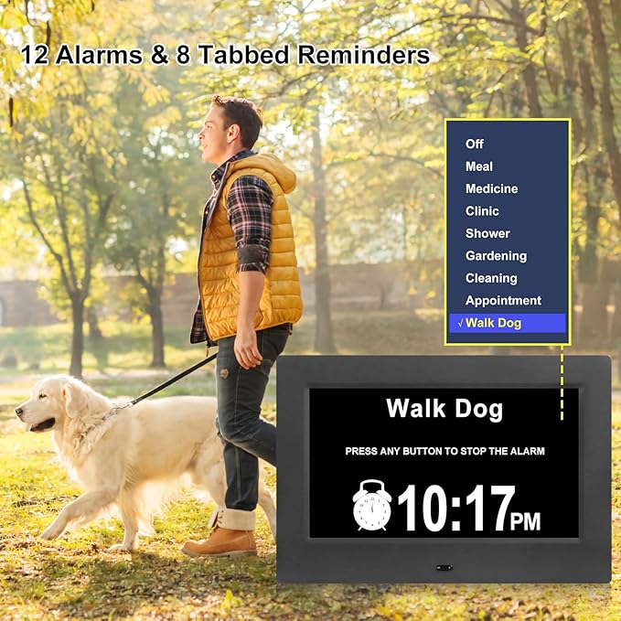 Black Clock with Day and Date for Elderly Dementia Patients-Large Number Digital Clocks for Seniors-Digital Calendar Day Clock for Seniors Large with 12 Alarms, Auto Dimming