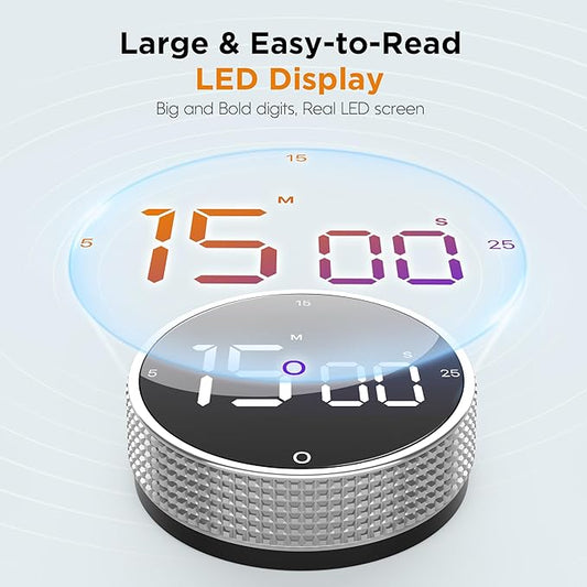 Upgrade Digital Kitchen Timer - Magnetic Countdown Countup Visual Pomodoro Timer with Large LED Display, 3-Preset Times (5, 15, 25), 3 Volume Levels, Ideal for Cooking, Baking and Fitness (1, Silver)