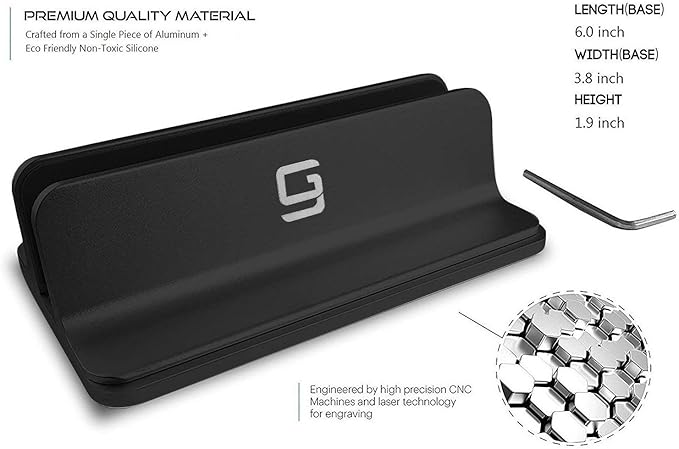 Vertical Laptop Stand for Desk [Adjustable] Sturdy Aluminum Dock Fits All Laptops (up to 20.3 inches) Space Saving, Modern Compact Holder, Compatible with MacBook Pro/Air, Surface, HP, Dell (Black)