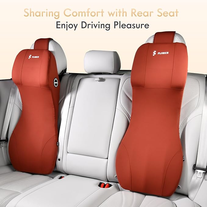 FLORICH 2-in-1 Lumbar Support with Headrest Pillow for Car Ergonomic Memory Foam Car Seat Back Cushion Integrated Lumbar Pillow with Car Neck Pillow for Driving Seat Relief Back Sciatica Pain, Red