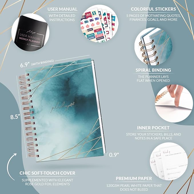 PLANBERRY Weekly Planner Premium – Undated Life Organizer & Budget Planner – Time Management, Goal Setting, To-Do List, Work-Life Balance & Habit Tracker – 6.9″ x 8.5″ (Ocean Depths)