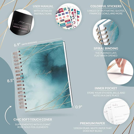 PLANBERRY Weekly Planner Premium – Undated Life Organizer & Budget Planner – Time Management, Goal Setting, To-Do List, Work-Life Balance & Habit Tracker – 6.9″ x 8.5″ (Ocean Depths)