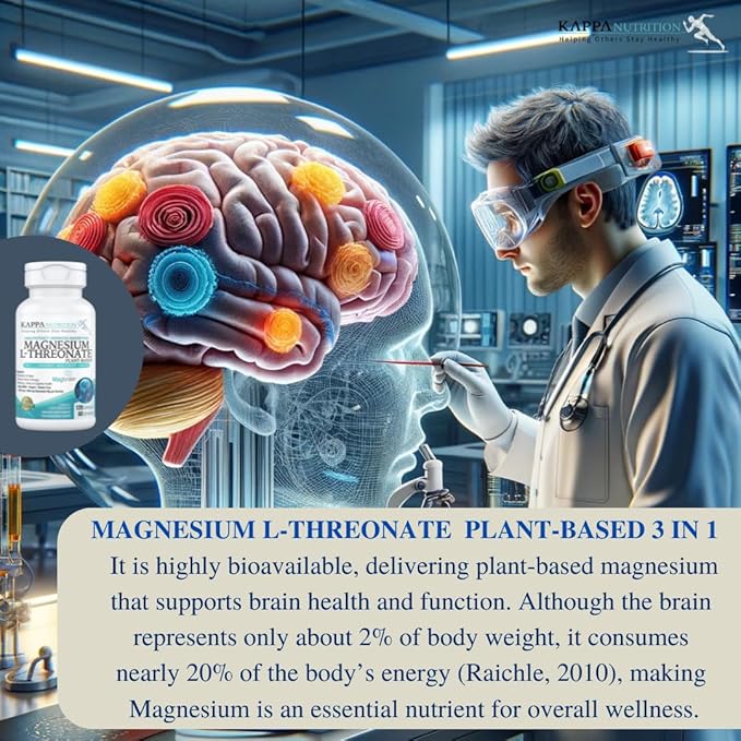 Kappa Nutrition Magbrain™ Magnesium L-Threonate Plant-Based, 420mg Elemental Magnesium (3 Capsules) from 2,253mg, 120 Vegan Capsules, Brain, Sleep & Muscle Support.