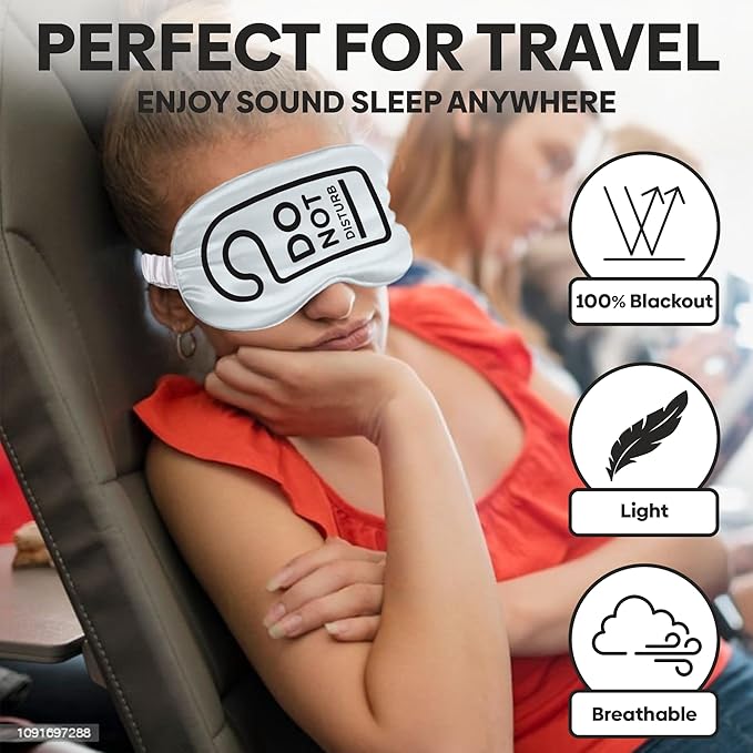 VITYA Silver Do Not Disturb/Wake Me Up Double-Sided Silk Sleep Mask for Women/Men | Light Blocking | Soft Breathable Sleep Eye Mask for Traveling on Airplane | Eye Mask with Elastic Strap (Silver)