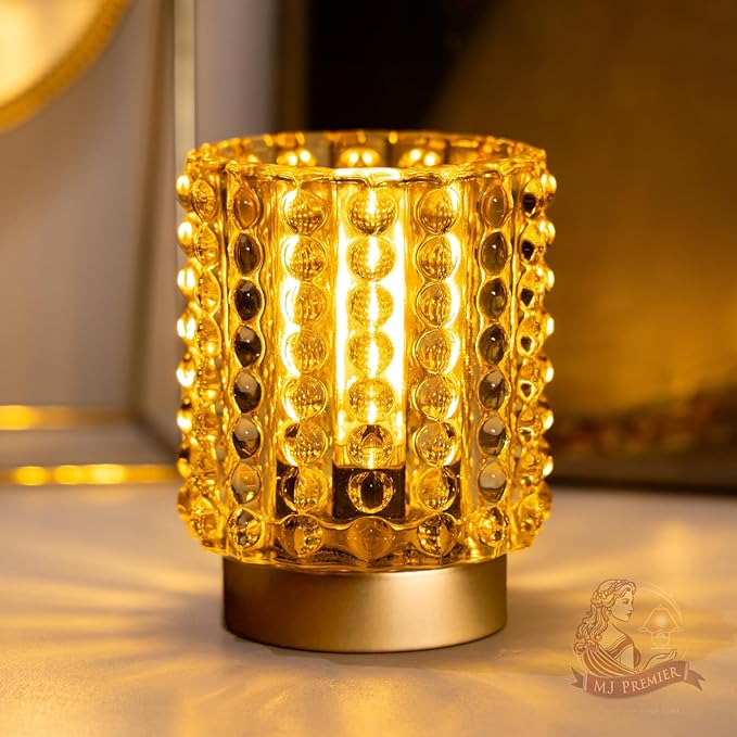 Battery Operated Lamp with Timer, Mini Crystal Table Lamps for Home Decor, Small Cordless Lamp for Areas No Outlets, Glass Battery Powered Lamps for Entryway, Bedroom, Bathroom, Shelf, Corner(Yellow)