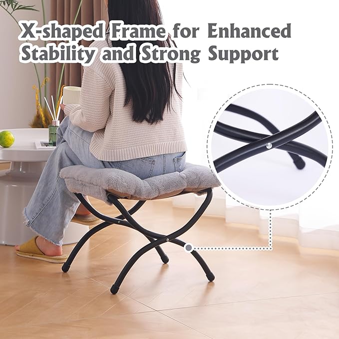 Welnow Folding Foot Stool, Upholstered Small Accent Ottoman with Detachable Thick Cotton Cushion Padded Sofa Stool and Metal Frame for Lazy Chair, Living Room, Bedroom, Plush Grey