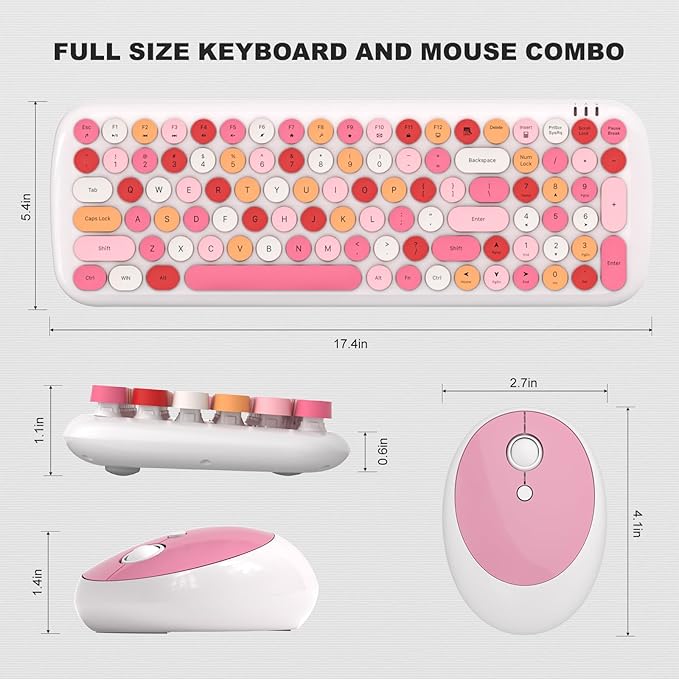 Wireless Keyboard and Mouse Combo, MOWUX - Modern Compact Layout, Colorful Compact Candy Mouse and Retro Round Keyboard Set with Cover, for PC/Laptop/Windows/Mac - White Pink Colorful