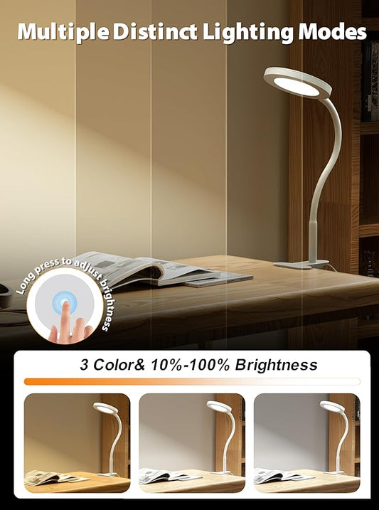 deeloop LED Clip on Light,100% Infinite Dimmable Reading Book Lights in Bed Headboard, 450LM Touch Control Desk Lamp with Clamp, Eye-Care 3 Color Temperature Flexible Gooseneck for Bedside Night Light
