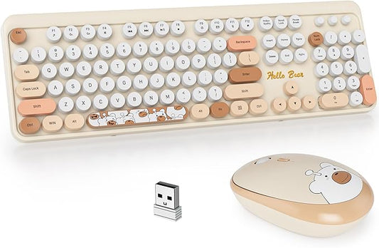 GTSP Creamy Wireless Keyboard and Mouse, Typewriter Office Full-Sized Colorful 2.4G Cute Aesthetic Keyboard for Computer, Laptop, PC Desktops（Brown）