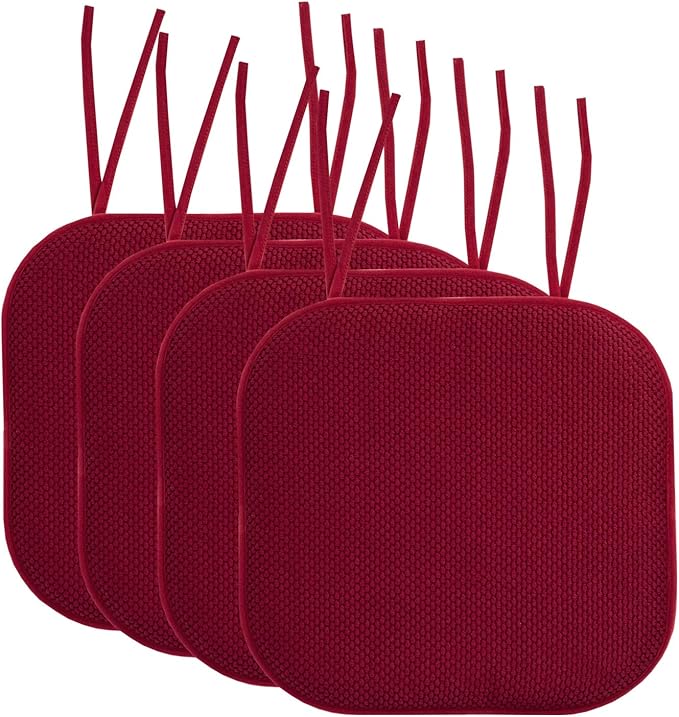 Sweet Home Collection Chair Cushion Memory Foam Pads with Ties Honeycomb Pattern Slip Non Skid Rubber Back Rounded Square 16" x 16" Seat Cover, 4 Pack, Wine Burgundy 4 Pack