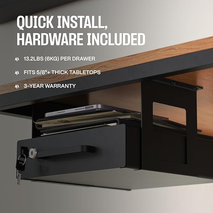 Under Desk Drawer Slide-Out – Lockable Metal Storage Drawer with Cable Management for Office & Home (Single, Bracketed)
