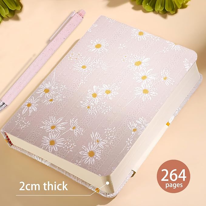 Fabric Pocket Notebook, Flower Cloth Hardcover Journal, A6, 264 Pages, 4x6 Small Notebook & Sketchbook, Similar Embroidered Journal, Lay Flat, Daisy Gifts for Women, Pink