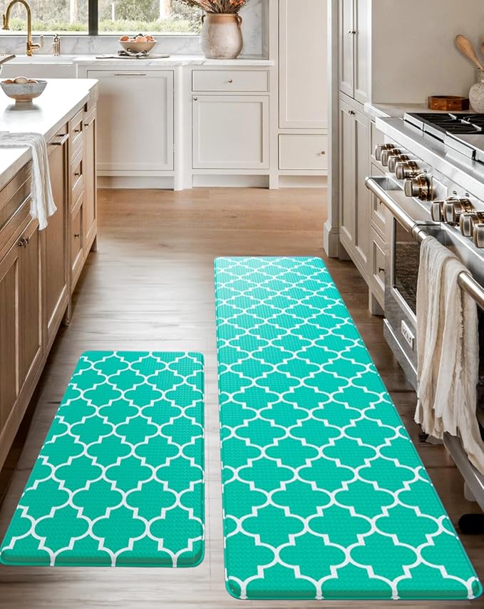 Anti-Fatigue Kitchen Mat Set – 2-Piece Memory Foam Cushioned Mats for Standing – Teal Lantern, 18×30 & 18×60, 0.4 in Thick, Waterproof, Non-Slip – Homergy