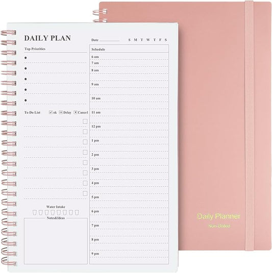 Asten Daily Undated Planner - To Do List Notebook With Hourly Schedule and Spiral Appointment Book for Men and Women, ADHD Work Planner With Inner Pocket, 8.3"x5.8", Pale Pink