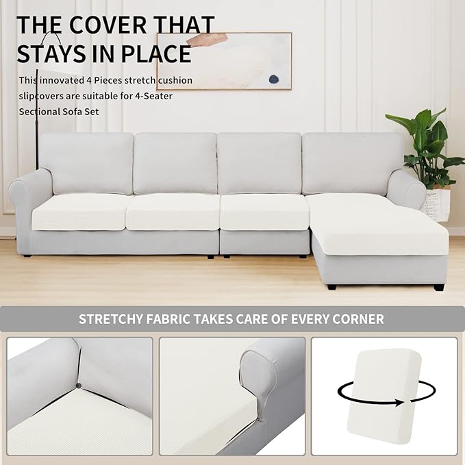 Easy-Going Stretch 4 Pieces Couch Cushion Covers for Sectional Sofa Left/Right L Shape Chaise Lounge Sofa Seat slipcover Anti-Slip Sofa Cover Soft (3 Seater + 1 Chaise, Cream)