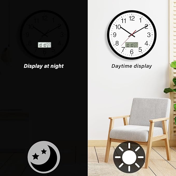 Digital Wall Clock with Lighted LCD Display Temp, Week, Switchable Time and Perpetual Calendar, DST Function, Silent Battery Operated Analog Clock for Office Bedroom Classroom (12", Black)