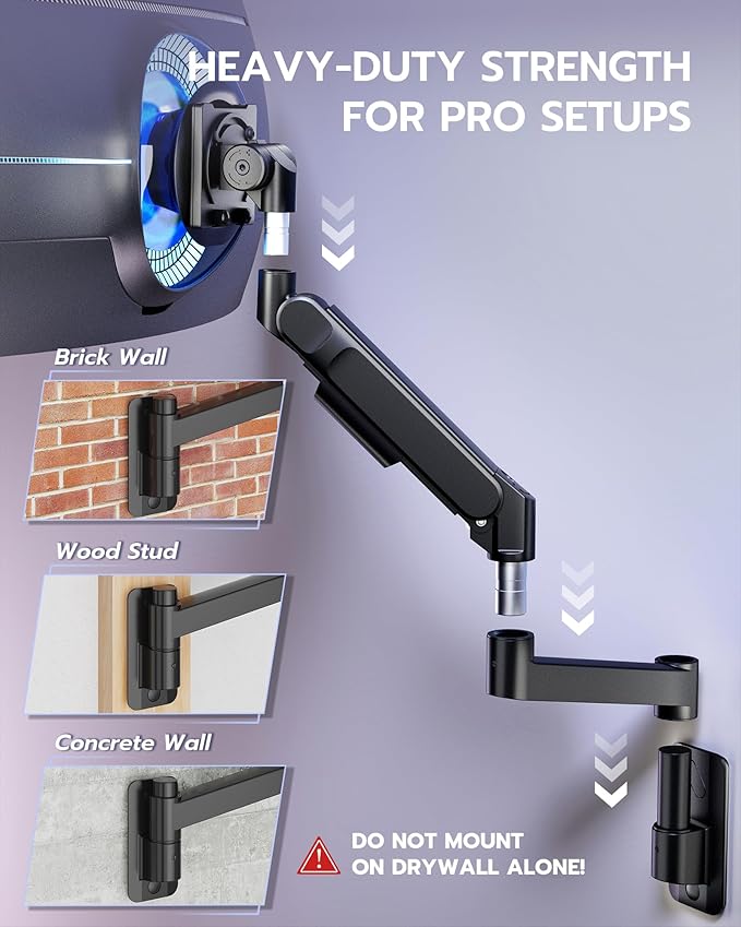 ARES WING Monitor Wall Mount for 24-57 Inch Ultrawide Gaming Screens, Premium Heavy Duty Monitor Arm Holds 60 lbs, Full Motion Gas Spring, Bearing Head for Easy Adjustment, 75/100 VESA Mount, Black