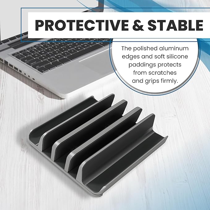 Multiple Laptop Holder Vertical – Adjustable Laptop Vertical Stand Holds 5 Devices, Fits All MacBooks Laptops Tablets and Mobiles (up to 17.3”). Closed Upright Vertical Laptop Stand for Desk