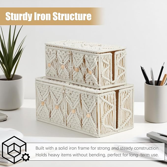 2PCS Cable Management Boxes Handmade Macrame Cord Storage Organizer Power Strips Outlet Router TV Wire Hider Cover Under Desk Natural Cotton Rope Woven Box with Lid (1 Large 1 Medium)