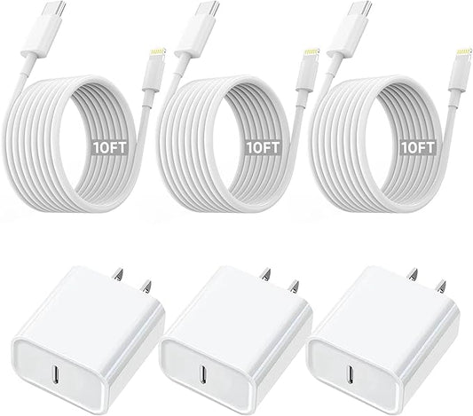 10FT iPhone Fast Charger,3Pack Extra Long[Apple MFi Certified]iPhone USB C Charger Fast Charging 10Foot USB C to Lightning Cable Cord Quick Adapter Block for iPhone14 13 12 11 Pro Max/Plus/Mini/X,iPad