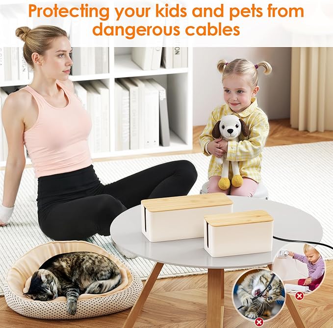 DELAMU 2 Pack Cable Management Box, Safe ABS Wood Grain Desk Medium and Small Cord Organizer, Baby Pet Proof Lock Cord Box Hider for USB Hub TV Wires Computer Desks and Power Strips