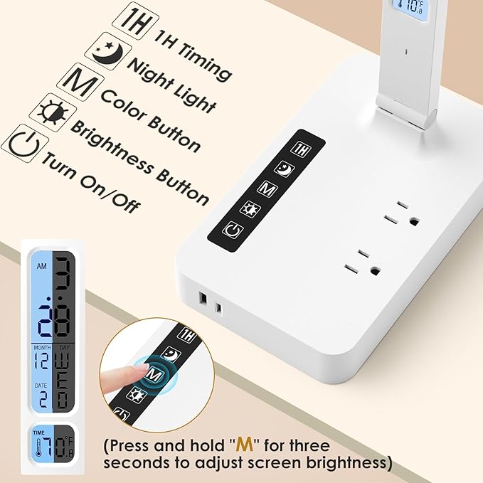 Infiway Desk Lamp with USB Charging Port: LED Desk Lamps for Home Office - 1 Type-C, 1 USB-A Charging Port, 2 AC Power Outlets - Touch Control Dimmable 5 Color 5 Brightness