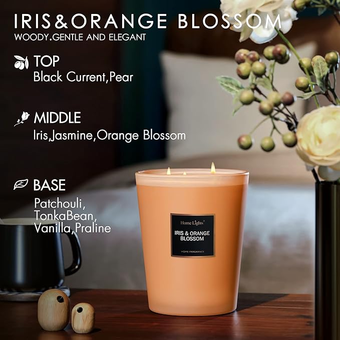 HomeLights Scented Candles | Large Jar Candle-33.3 Oz. Natural Soy Aromatherapy Candles | Up to 130 Hours Burn Time with 3 Cotton Wicks, Home Decorative Fragrance Candle Gift - Iris & Orange Blossom