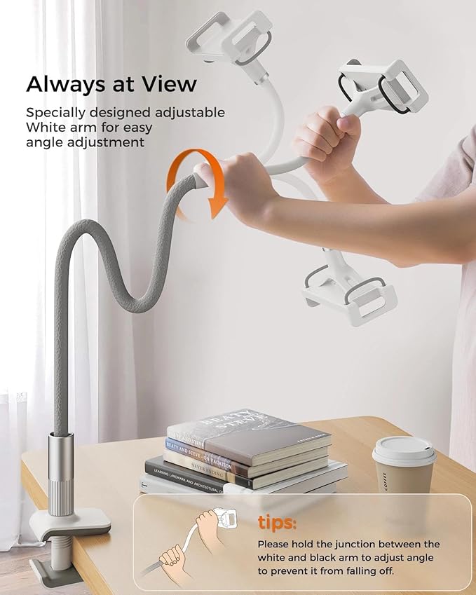 SAIJI Gooseneck Kindle Holder with Remote Page Turner, Tablet Holder for Bed, 100 cm Flexible Lazy Arm，Free Hands Kindle Accessories, Leather Tablet Stand for Reading in Bed, Gray