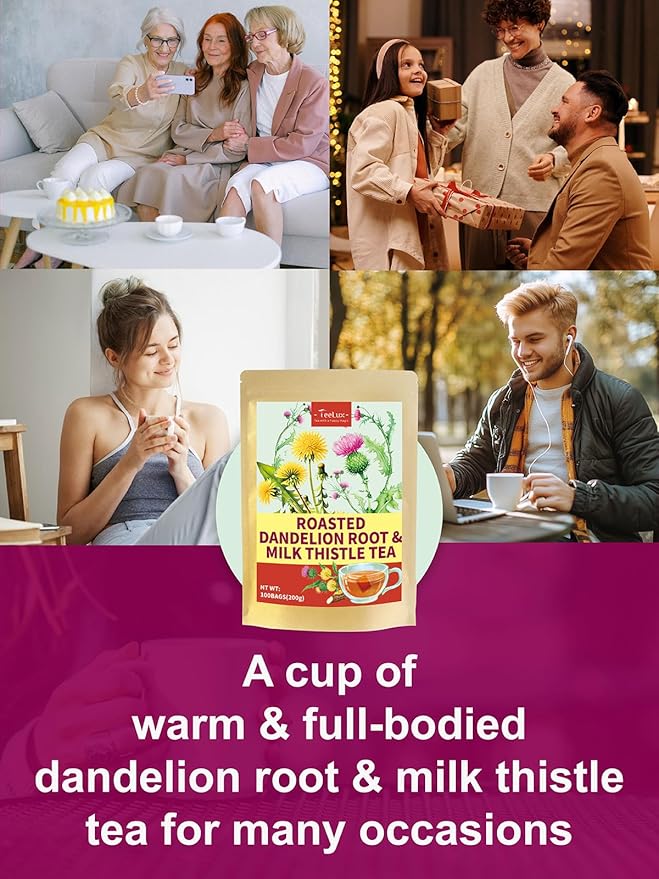 TeeLux Roasted Dandelion Root Tea with Milk Thistle, Smooth & Mellow Flavor, Rich Roasted Aroma, Caffeine Free, 100 Count