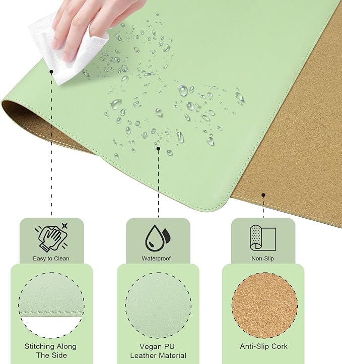 BLESWIN Large Desk Pad Mat 47.2"" x 17"", Office Desk Mat, Non-Slip PU Leather & Cork Desk Blotter for Keyboard and Mouse, Large Desk Mat, Large Mouse Pad for Office & Home(Light Green)