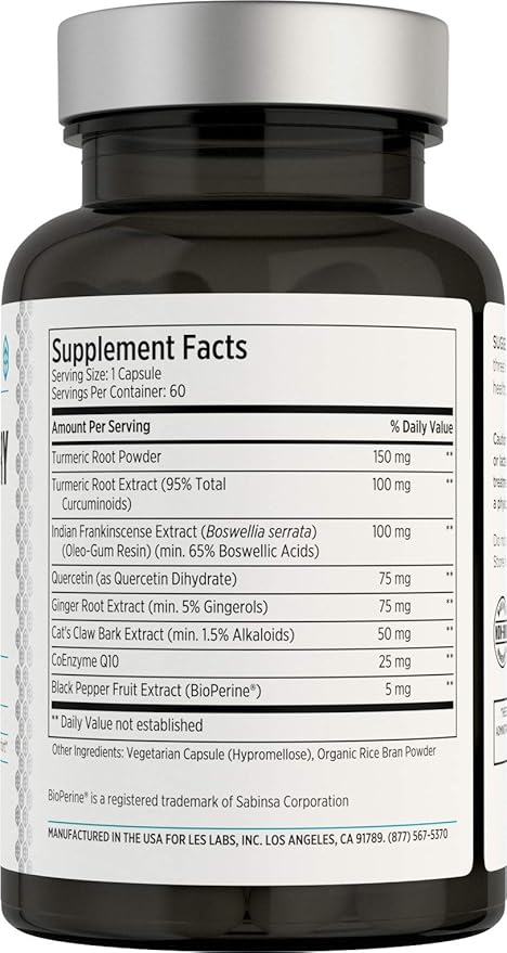 LES Labs Inflammatory Health – Joint Support, Muscle Function & Relaxation, Mobility– Turmeric, Boswellia, Quercetin, Ginger & CoQ10 – Non-GMO Supplement – 60 Capsules