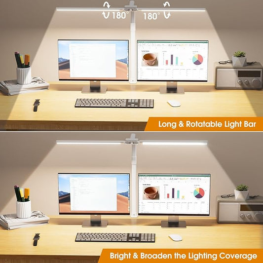 LED Desk Lamp for Home Office - Eye-Caring Computer Desk Light with Clamp, Adjustable Work Lamp with Color Changing, Dimmable Double Head Monitor Light with Gooseneck, White