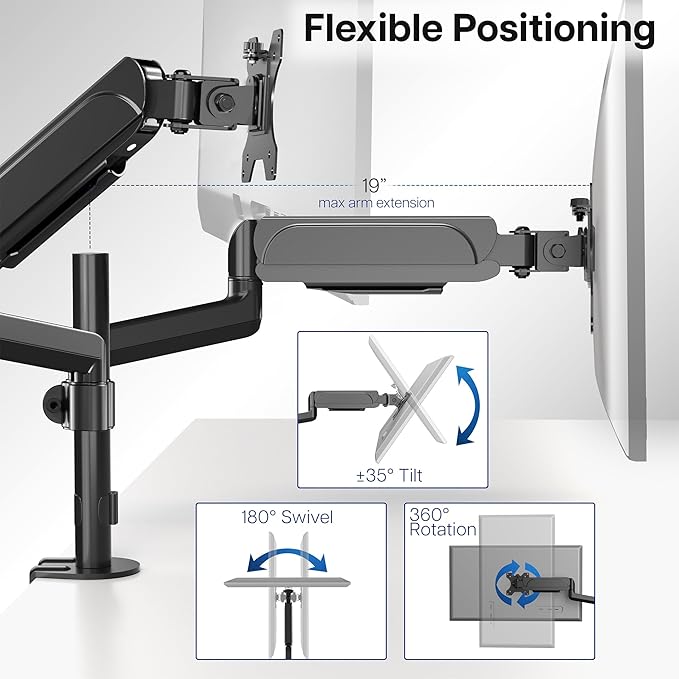 VIVO 17 to 32 inch Dual Pneumatic Monitor Mount, 2 Pneumatic Arms, Adjustable Swivel, Rotation, Heavy Duty VESA Desk Stand with C-clamp, Grommet, Max VESA 100x100, Black, STAND-V002K