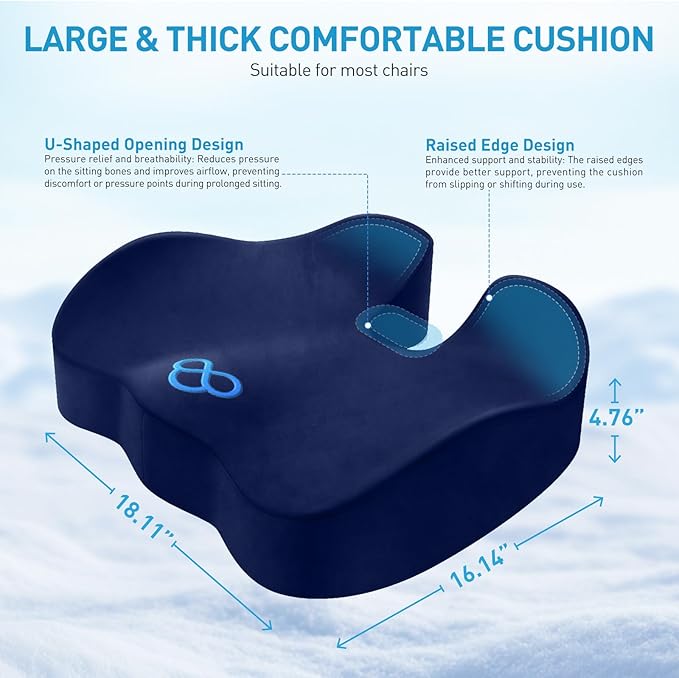BlissTrends Seat Cushion,Thick Memory Foam Cushions for Office Chair, Car Seat, Airplane, Relieving Pressure Tailbone Sciatica Back Pain for Long Sitting Office Workers, Car Drivers 4.7in Thick Blue