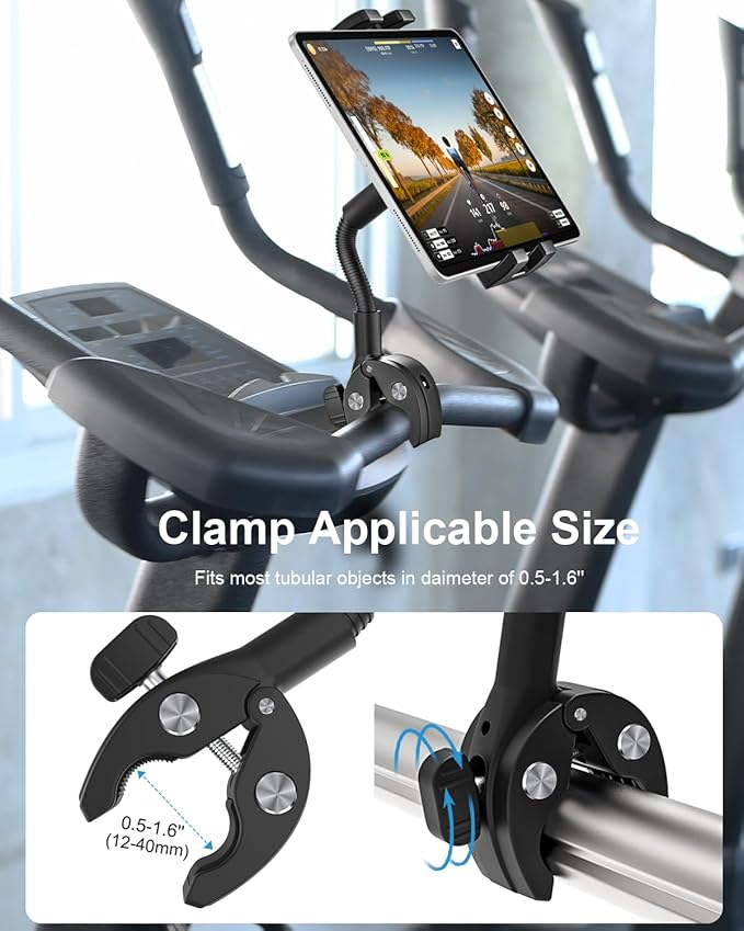 woleyi Gooseneck Tablet Bike Mount for Indoor Cycling, Gym Treadmill, Spin bike, Stationary Exercise bicycle, Peloton Handlebar, Elliptical, Stroller Clamp for iPad Pro/Air/Mini, Phone, 4.7-13" Tablet