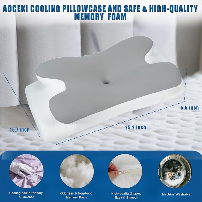 Memory Foam Pillows Cooling Cervical Pillow for Neck and Shoulder Pain Relief Ergonomic Contour Bed Pillow for Side Sleep Stomach Sleeping and Back Sleeper (Light Grey, King-25.2''Lx15.7''Wx5.5''H)