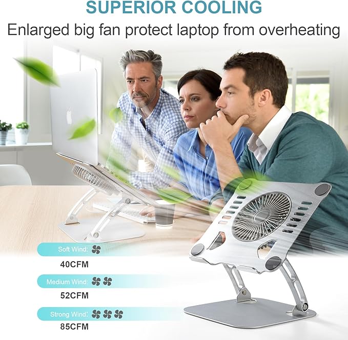 SHUWEI 360° Rotating Laptop Cooling Stand with 3 Speed Fan, Adjustable Height Laptop Stand for Desk, Ergonimic Aluminum Laptop Cooling Pad for 10-15'' Notebook - Silver