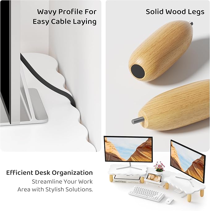Dual Monitor Riser, Cookie-Shaped Adjustable Length & Swivel Angle, Wooden Desktop Organizer for 2 Monitors, Stand With Drawer for Laptop, PC, Computer, Printer, White