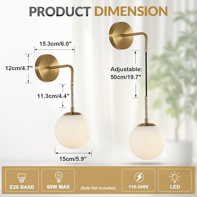 BOKT Frosted White Glass Wall Sconce Mid Century Modern Globe Ball Wall Light Brushed Brass Gold Adjustable Wall Sconce Lighting Industrial Vanity Bathroom Wall Lamp (Gold+White)