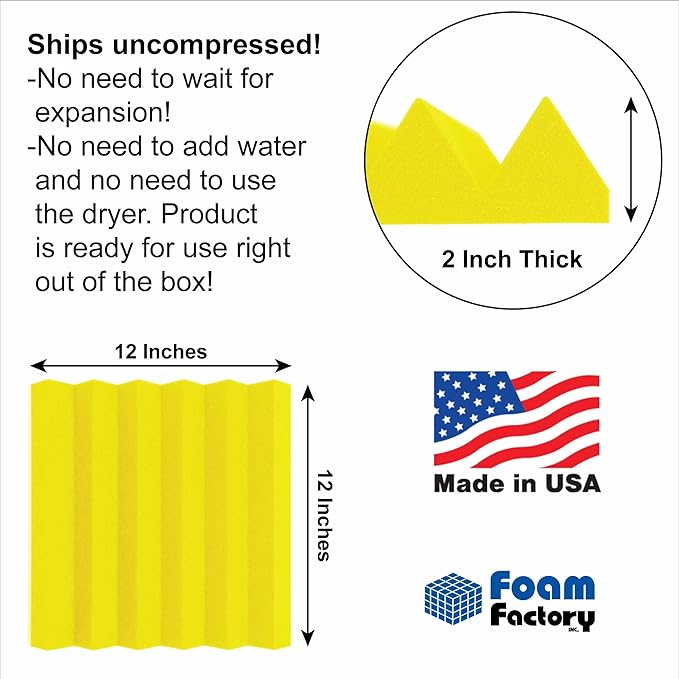 Foam Factory Inc 24 Pack Color Acoustic Foam Panel Studio Soundproofing Wedge Wall Tiles 12” X 12” X 2” (Yellow)