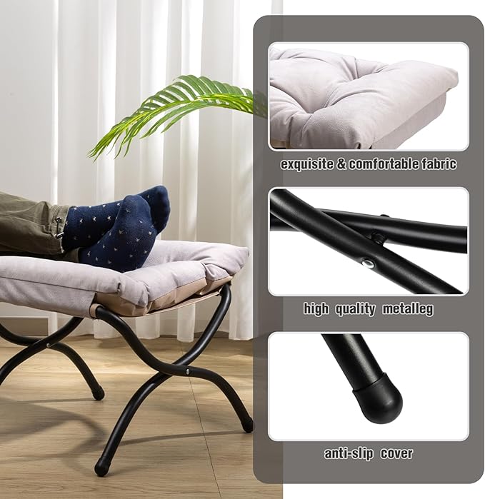 HollyHOME 15"(H) Folding Footrest Stool, Upholstered Small Foldable Ottoman, Accent Padded Sofa Foot Stool for Lazy Chair, Metal Frame Portable Foot Rest Ottoman for Home, Living Room, Bedroom, Grey