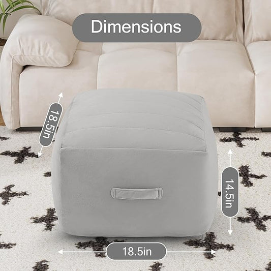 MeMoreCool Square Stuffed Pouf Ottoman Foot Rest, Floor Pouf Foot Stool with Foam Chunk Filling, Soft Stuffed Ottoman Footrest for Living Room, Light Grey